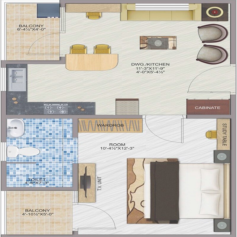 Floor plan of 1 BHK 530 Sq. Ft. Apartment in Coral Studio 2, Jaipur