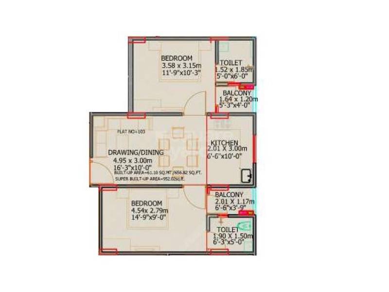 2 BHK 952 Sq. Ft. Apartment