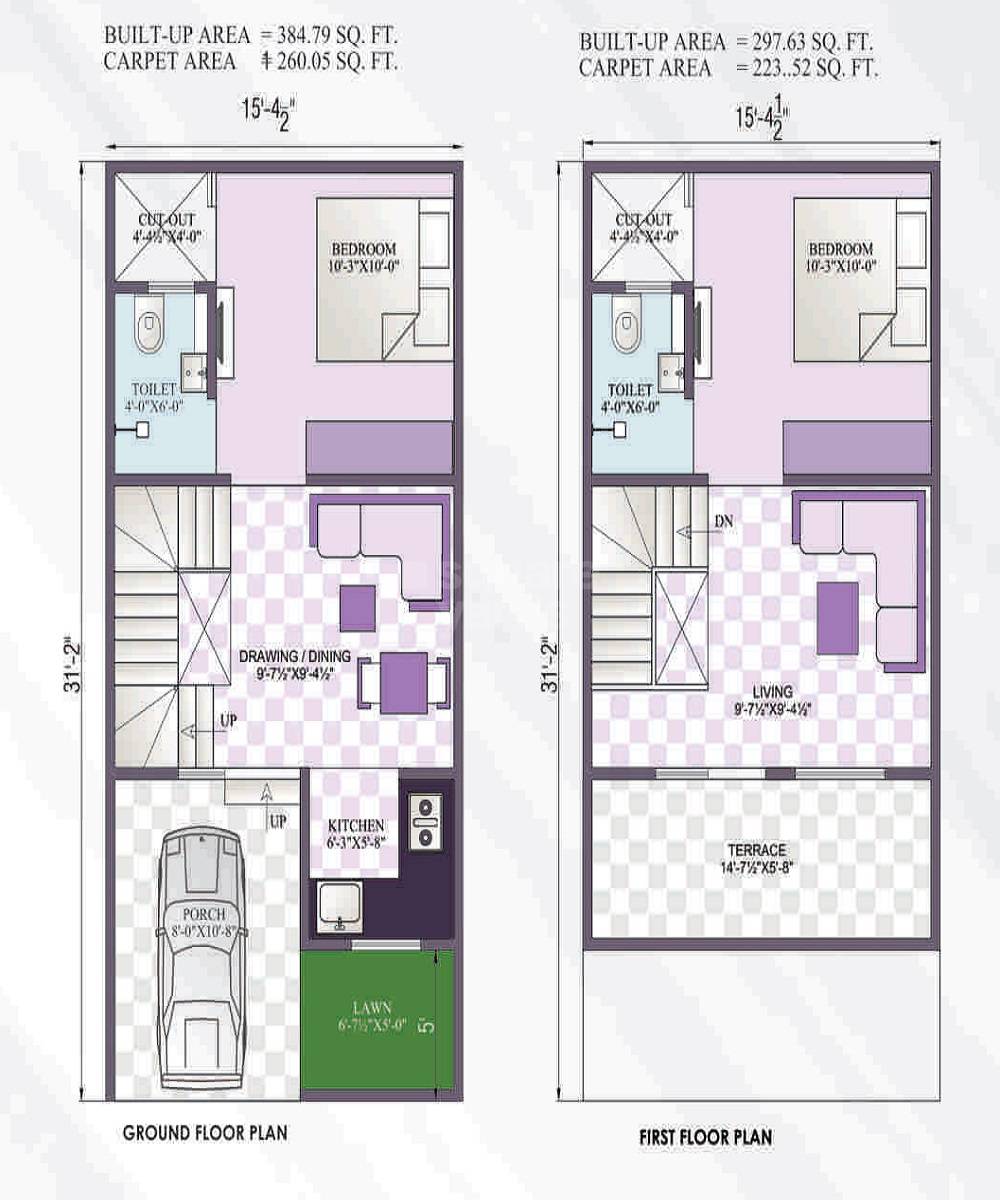 Floor plan of 2 BHK 682 Sq. Ft. Villa in DefineD Sharda Residency, Jaipur