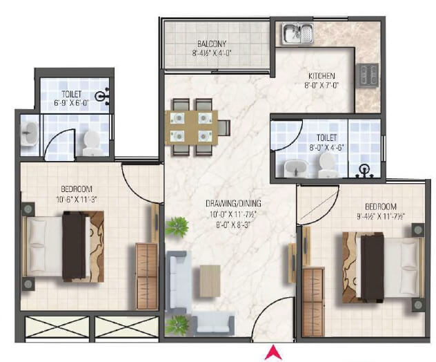 Floor plan of 2 BHK 847 Sq. Ft. Apartment in Dhanuka Sunshine Aditya, Jaipur