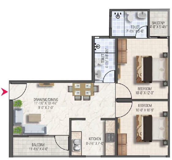 Floor plan of 2 BHK 898 Sq. Ft. Apartment in Dhanuka Sunshine Aditya, Jaipur