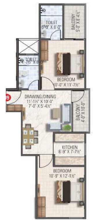 Floor plan of 2 BHK 931 Sq. Ft. Apartment in Dhanuka Sunshine Aditya, Jaipur