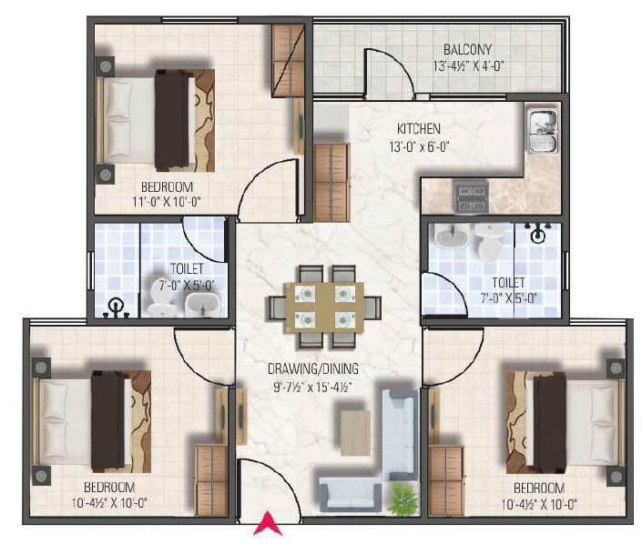 Floor plan of 3 BHK 982 Sq. Ft. Apartment in Dhanuka Sunshine Aditya, Jaipur