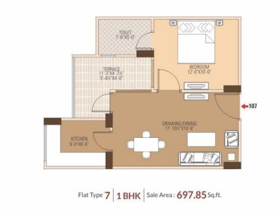1 BHK 697 Sq. Ft. Apartment