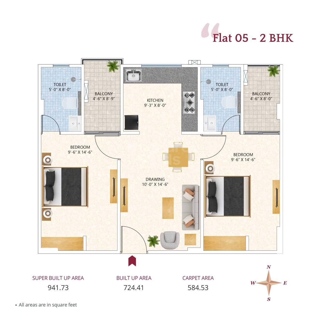 Floor plan of 2 BHK 941 Sq. Ft. Apartment in Elegant Gaurav, Jaipur