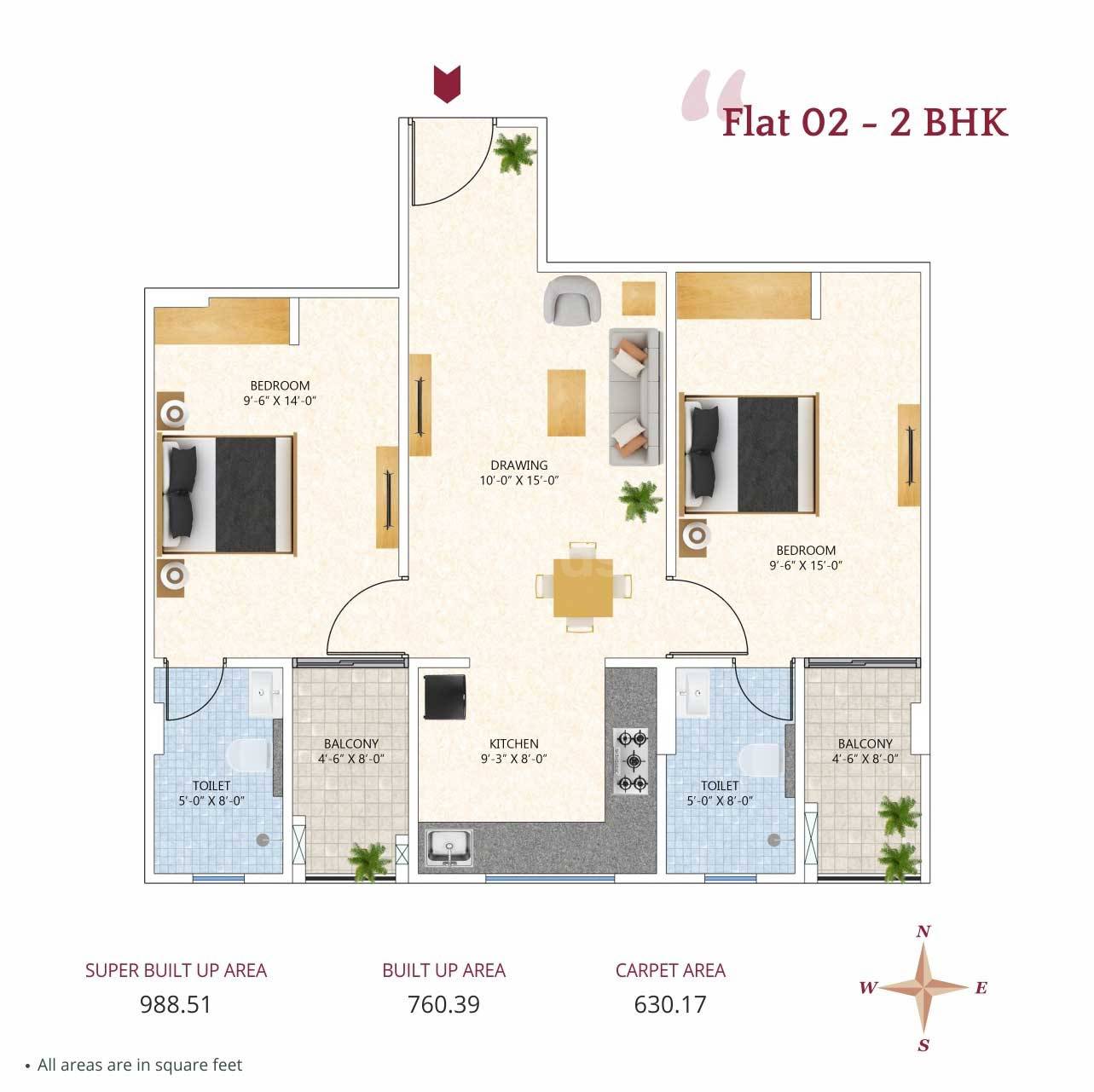 2 BHK 988 Sq. Ft. Apartment