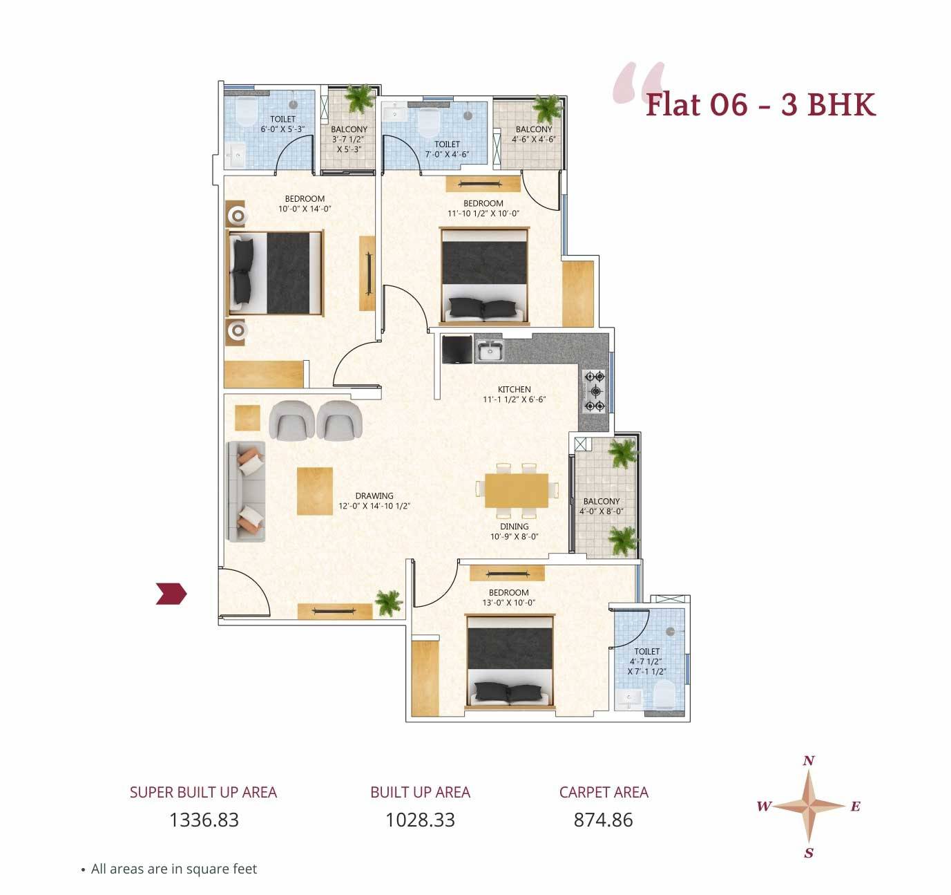 Floor plan of 3 BHK 1336 Sq. Ft. Apartment in Elegant Gaurav, Jaipur