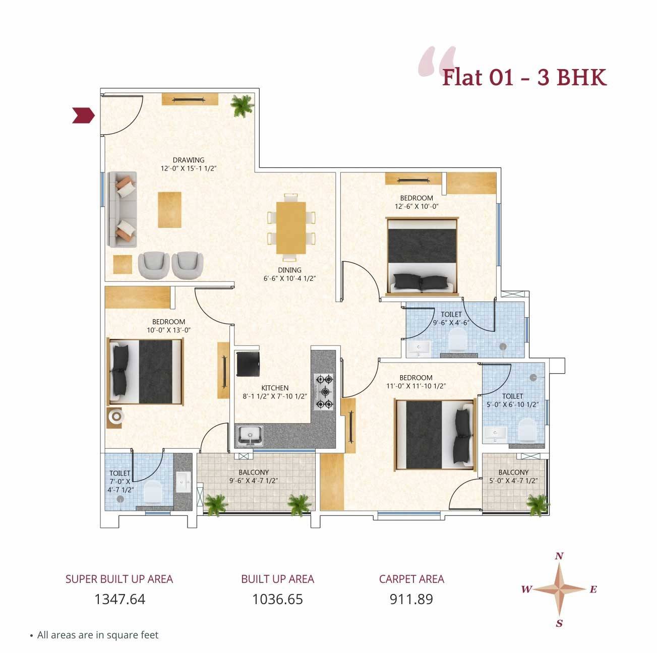 Floor plan of 3 BHK 1347 Sq. Ft. Apartment in Elegant Gaurav, Jaipur
