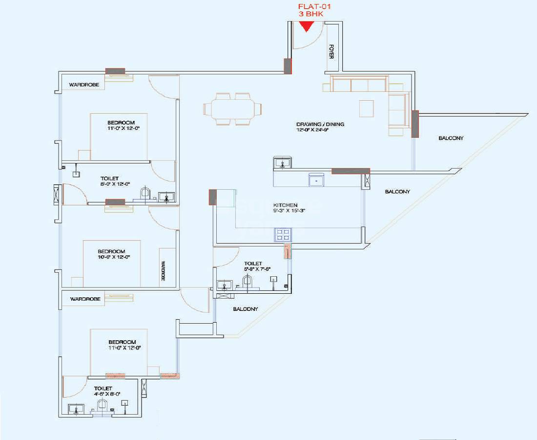 Floor plan of 3 BHK 1754 Sq. Ft. Apartment in Elegant Ram Ratna, Jaipur