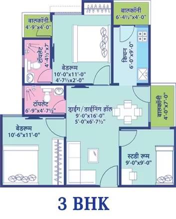 Floor plan of 3 BHK 819 Sq. Ft. Apartment in Elegant Vaishali Utsav, Jaipur