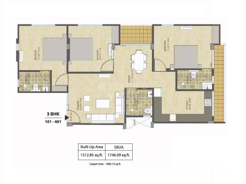 3 BHK 1085 Sq. Ft. Apartment