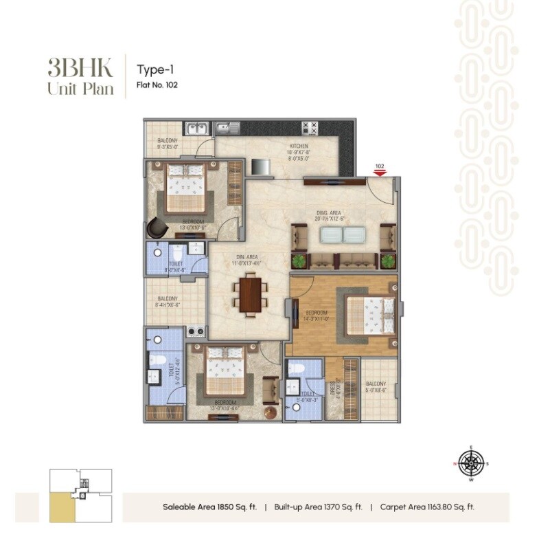 Floor plan of 3 BHK 1850 Sq. Ft. Apartment in Elite 24, Jaipur