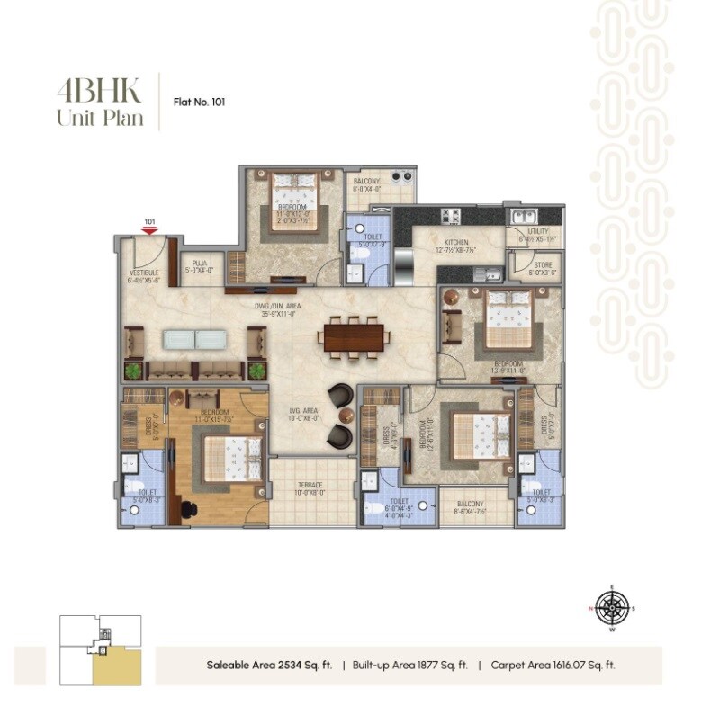 Floor plan of 4 BHK 2534 Sq. Ft. Apartment in Elite 24, Jaipur
