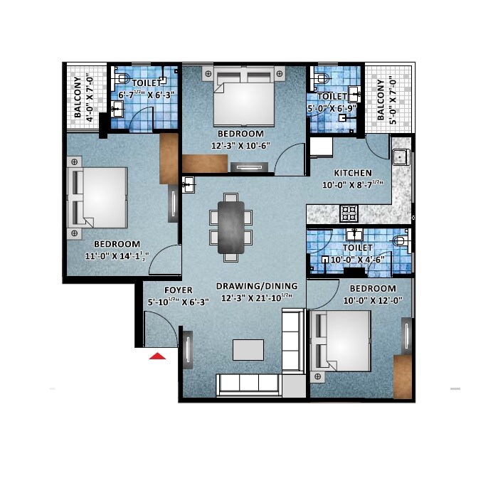 Floor plan of 3 BHK 1070 Sq. Ft. Apartment in Elite Pride Ajmer Road, Jaipur