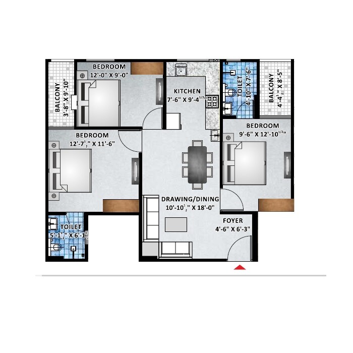 Floor plan of 3 BHK 761 Sq. Ft. Apartment in Elite Pride Ajmer Road, Jaipur