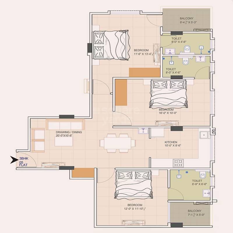 Floor plan of 3 BHK 906 Sq. Ft. Apartment in Elite Prime Lalarpura, Jaipur