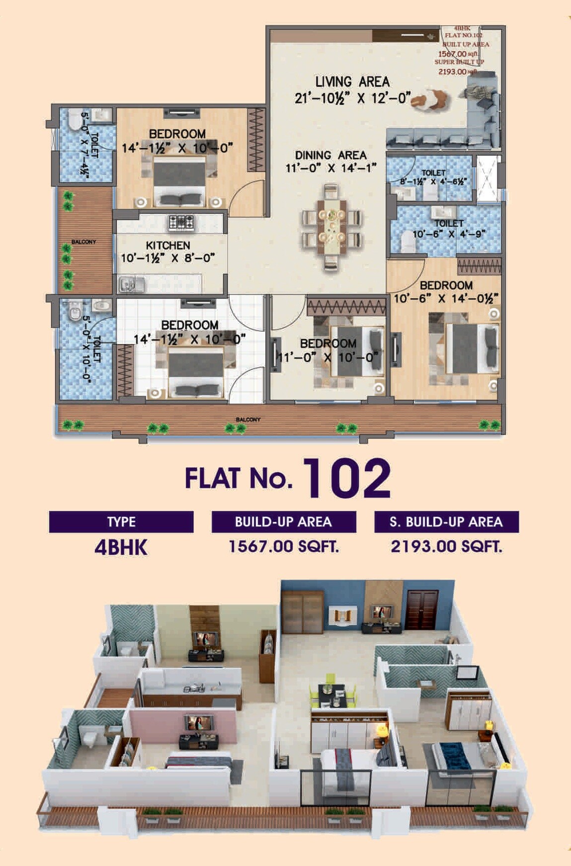 Floor plan of 4 BHK 2193 Sq. Ft. Apartment in Evergreen Empire Edge, Jaipur