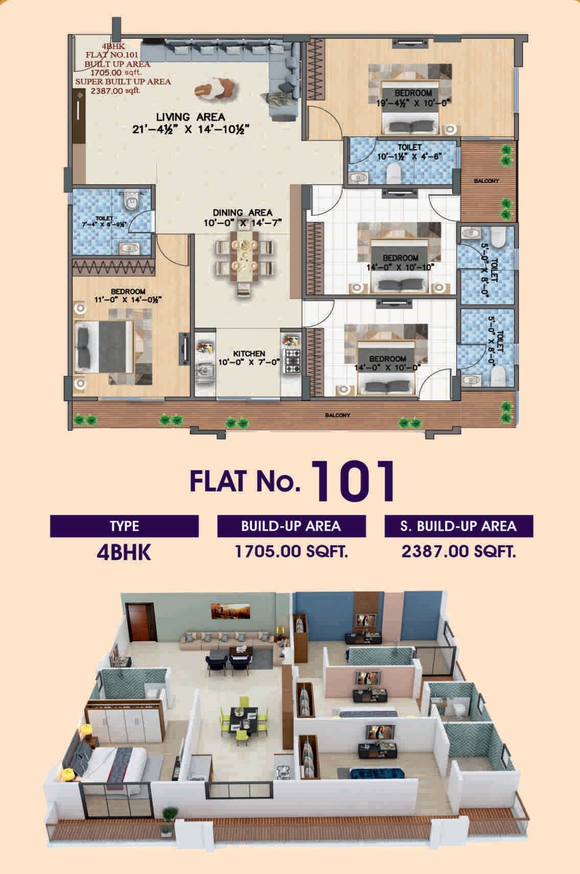 Floor plan of 4 BHK 2387 Sq. Ft. Apartment in Evergreen Empire Edge, Jaipur