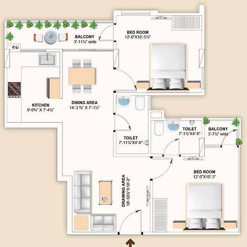 Floor plan of 2 BHK 1001 Sq. Ft. Apartment in Farcon Avenue, Jaipur