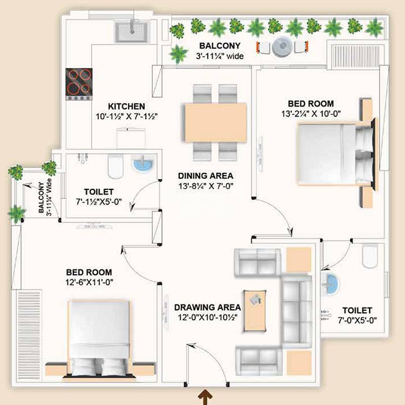 Floor plan of 2 BHK 1040 Sq. Ft. Apartment in Farcon Avenue, Jaipur