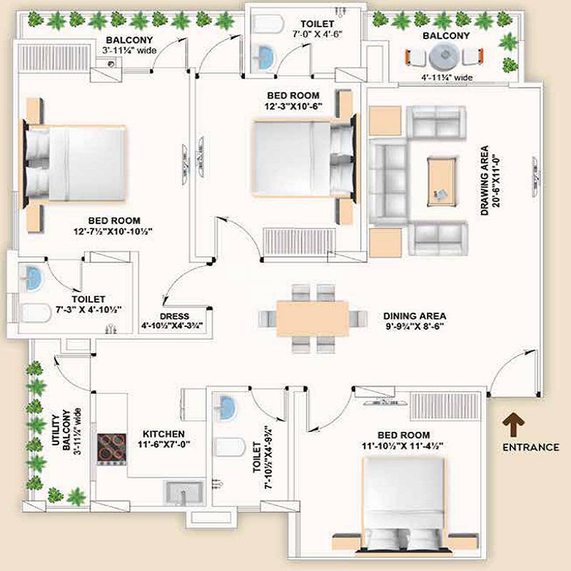 Floor plan of 3 BHK 1517 Sq. Ft. Apartment in Farcon Avenue, Jaipur