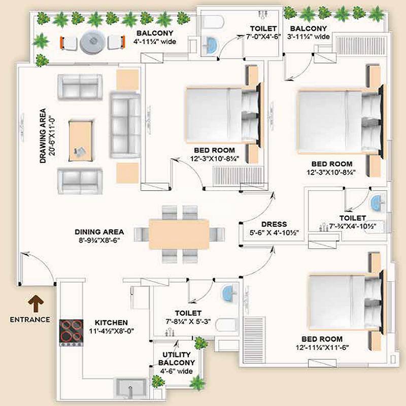 Floor plan of 3 BHK 1522 Sq. Ft. Apartment in Farcon Avenue, Jaipur
