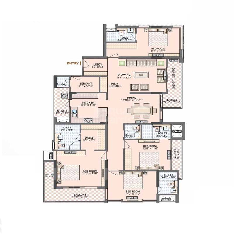 Floor plan of 4 BHK 2775 Sq. Ft. Apartment in Felicity Irene Usha Tower, Jaipur