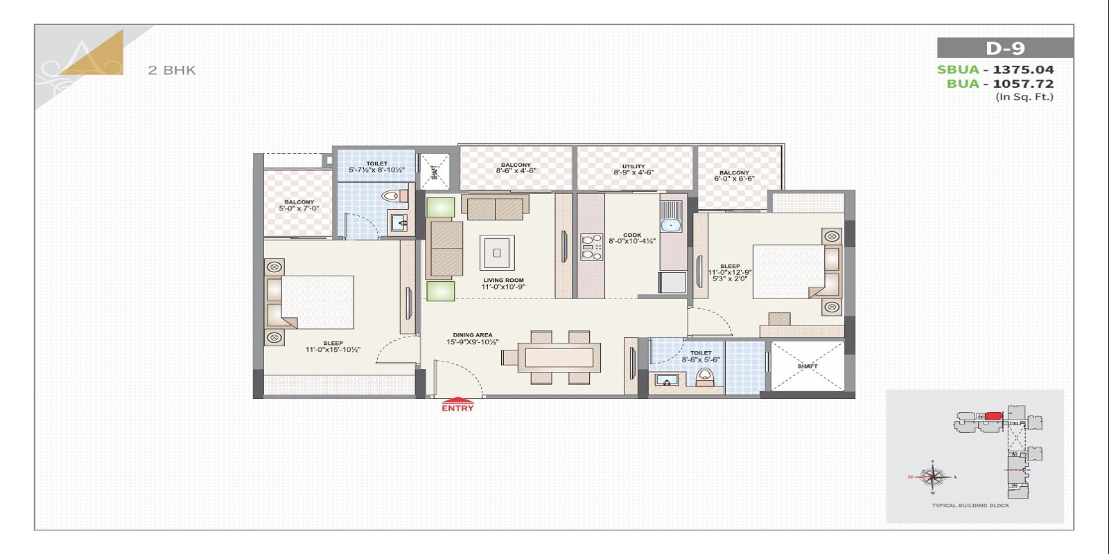 Floor plan of 2 BHK 1375 Sq. Ft. Apartment in Felicity Roongtas Aventura, Jaipur
