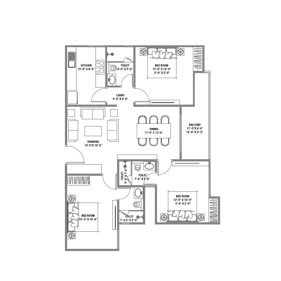Floor plan of 3 BHK 1018 Sq. Ft. Apartment in FS Pinnacle, Jaipur