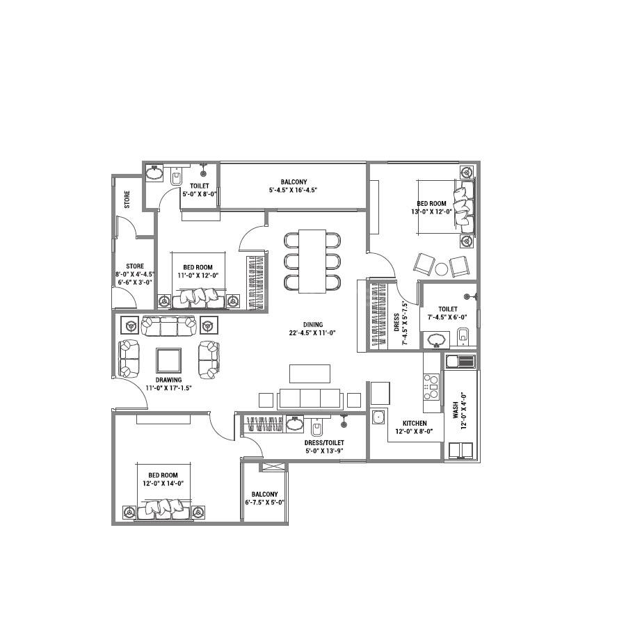 Floor plan of 3 BHK 1285 Sq. Ft. Apartment in FS Pinnacle, Jaipur