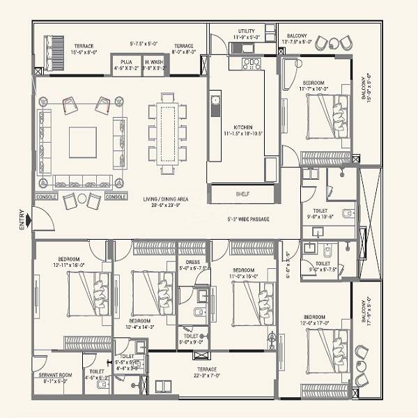 Floor plan of 5 BHK 2414 Sq. Ft. Apartment in FS Realty Jaypore, Jaipur
