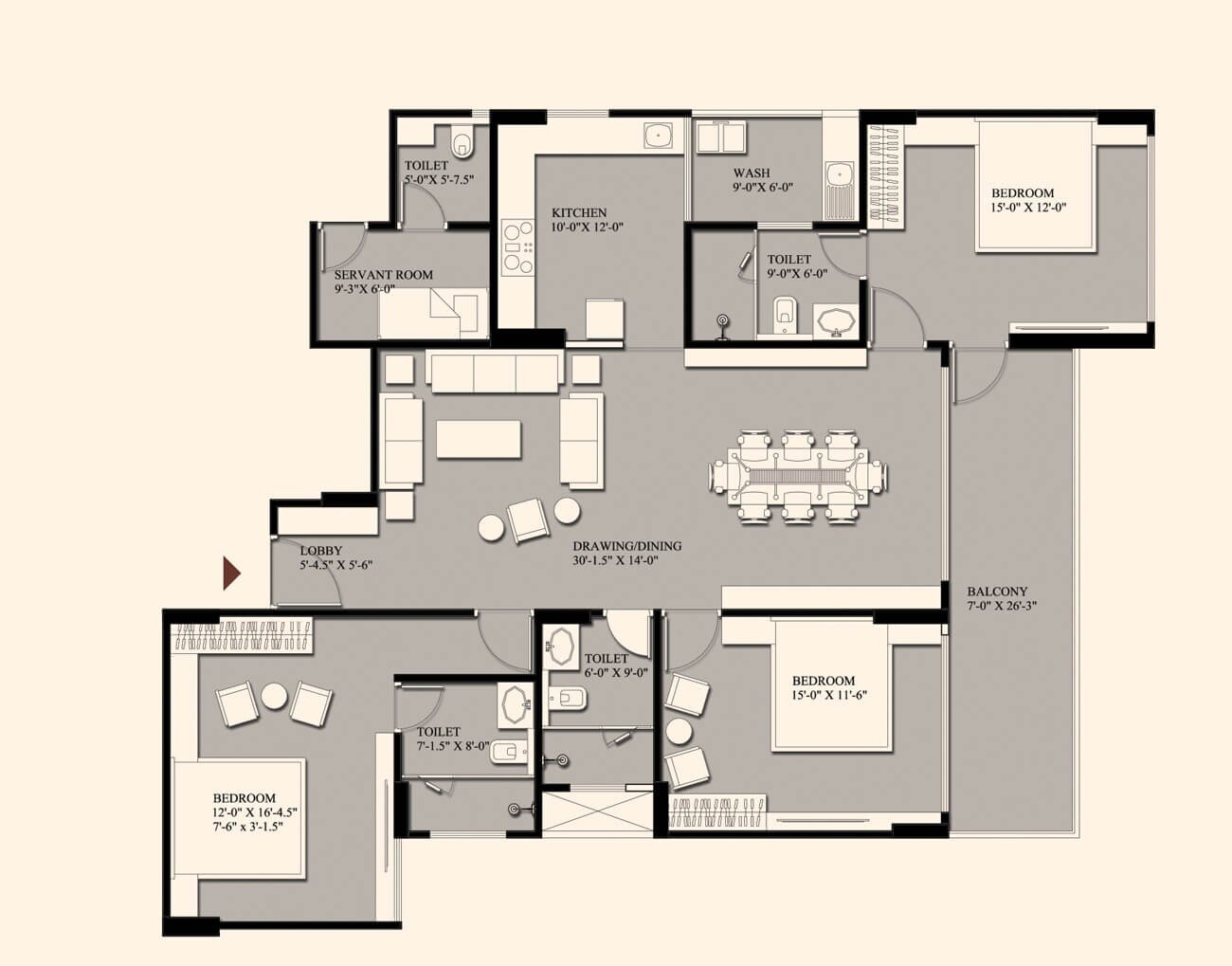 Floor plan of 3 BHK 1417 Sq. Ft. Apartment in FS Realty The Crest, Jaipur