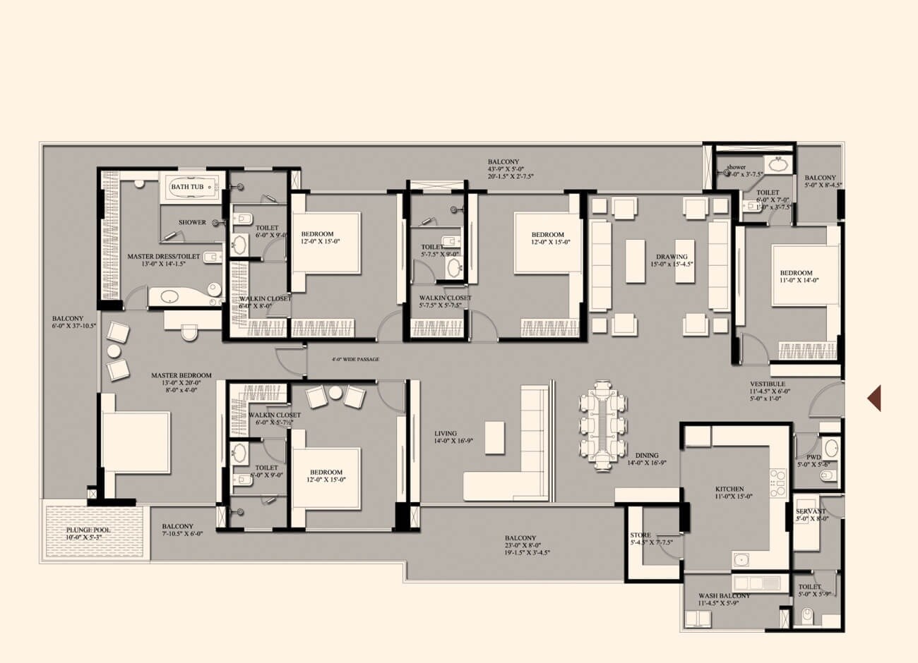 Floor plan of 5 BHK 4999 Sq. Ft. Apartment in FS Realty The Crest, Jaipur