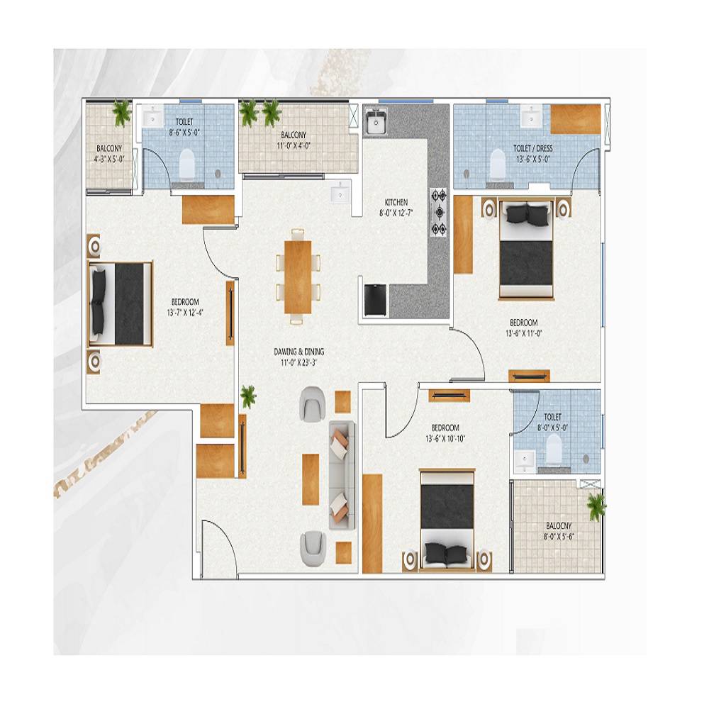 3 BHK 1084 Sq. Ft. Apartment