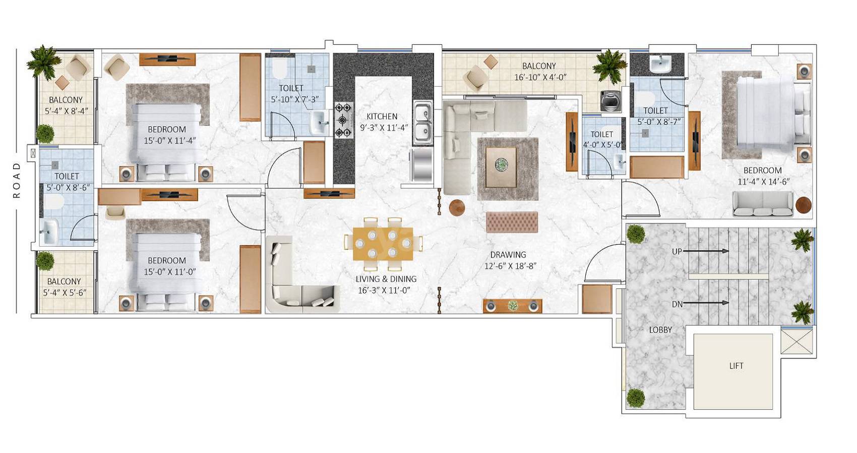 Floor plan of 3 BHK 2045 Sq. Ft. Apartment in Ganga Janki Royale, Jaipur