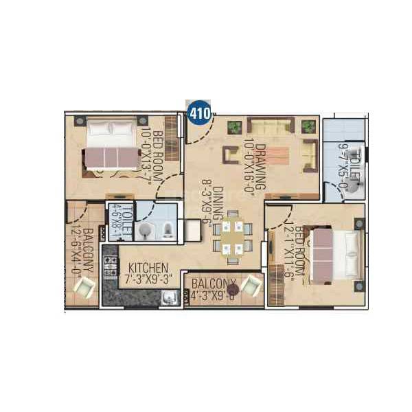 Floor plan of 2 BHK 1114 Sq. Ft. Apartment in Ganga Royal Gravitaz, Jaipur