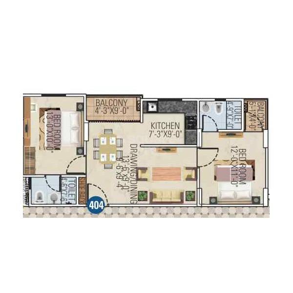 Floor plan of 2 BHK 984 Sq. Ft. Apartment in Ganga Royal Gravitaz, Jaipur