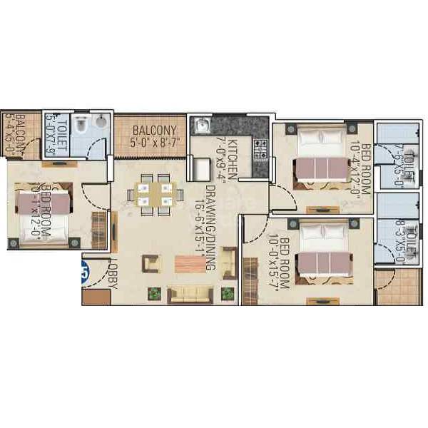 Floor plan of 3 BHK 1377 Sq. Ft. Apartment in Ganga Royal Gravitaz, Jaipur