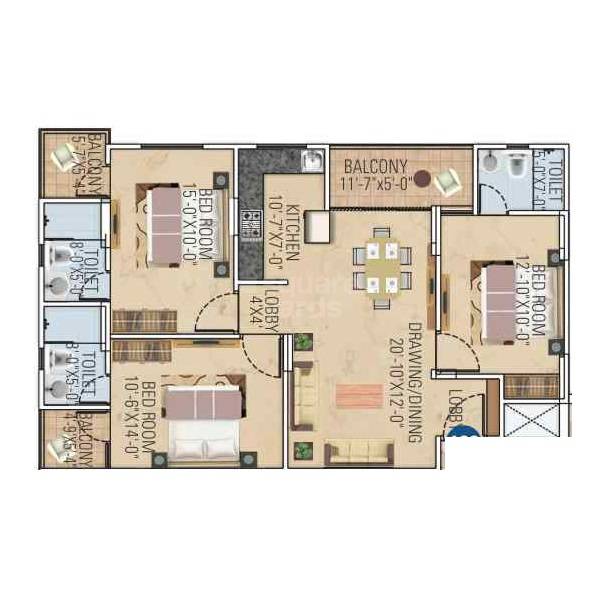 Floor plan of 3 BHK 1466 Sq. Ft. Apartment in Ganga Royal Gravitaz, Jaipur