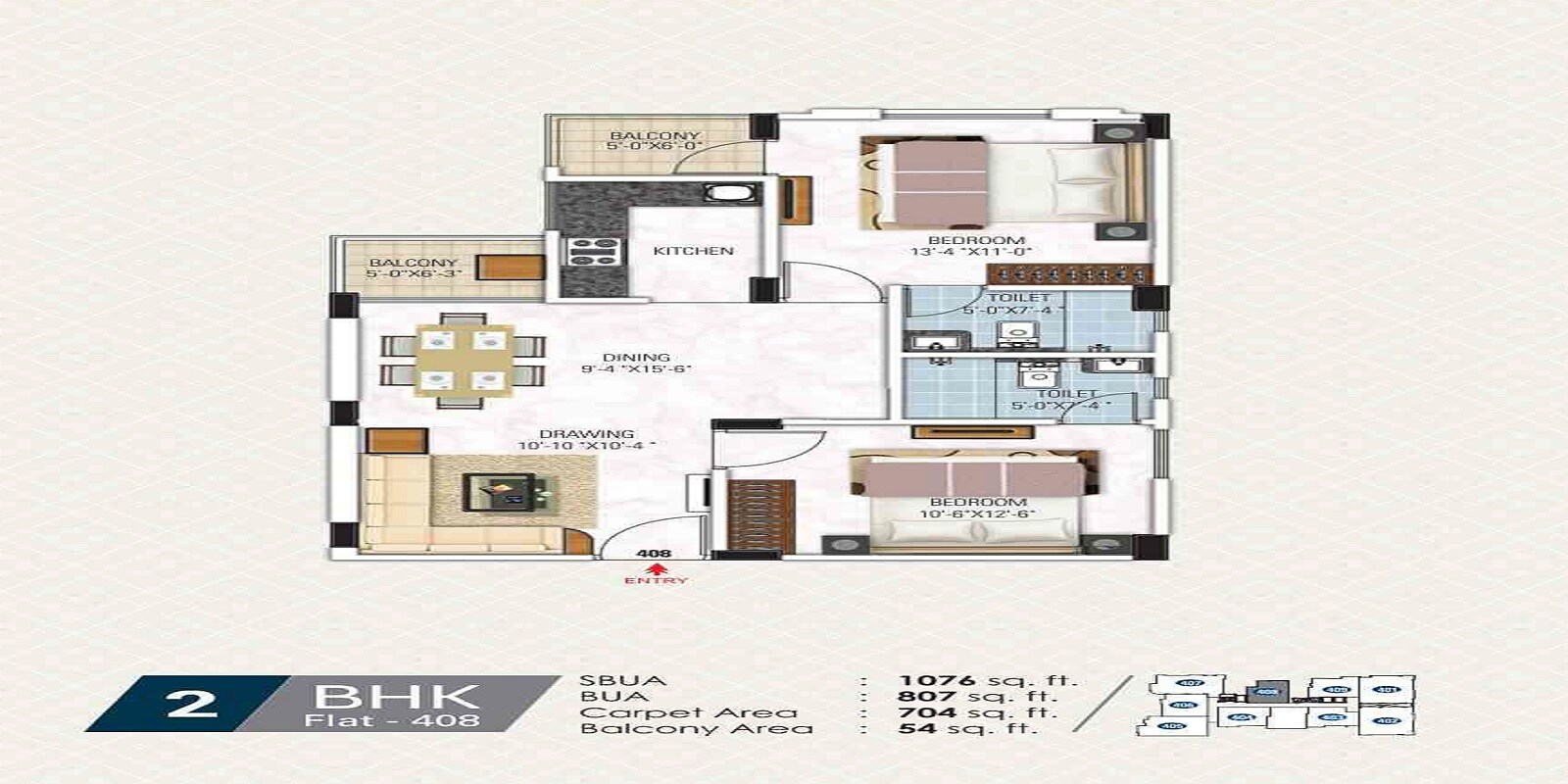 Floor plan of 2 BHK 1076 Sq. Ft. Apartment in Gangaa Kotecha Royal Regalia, Jaipur