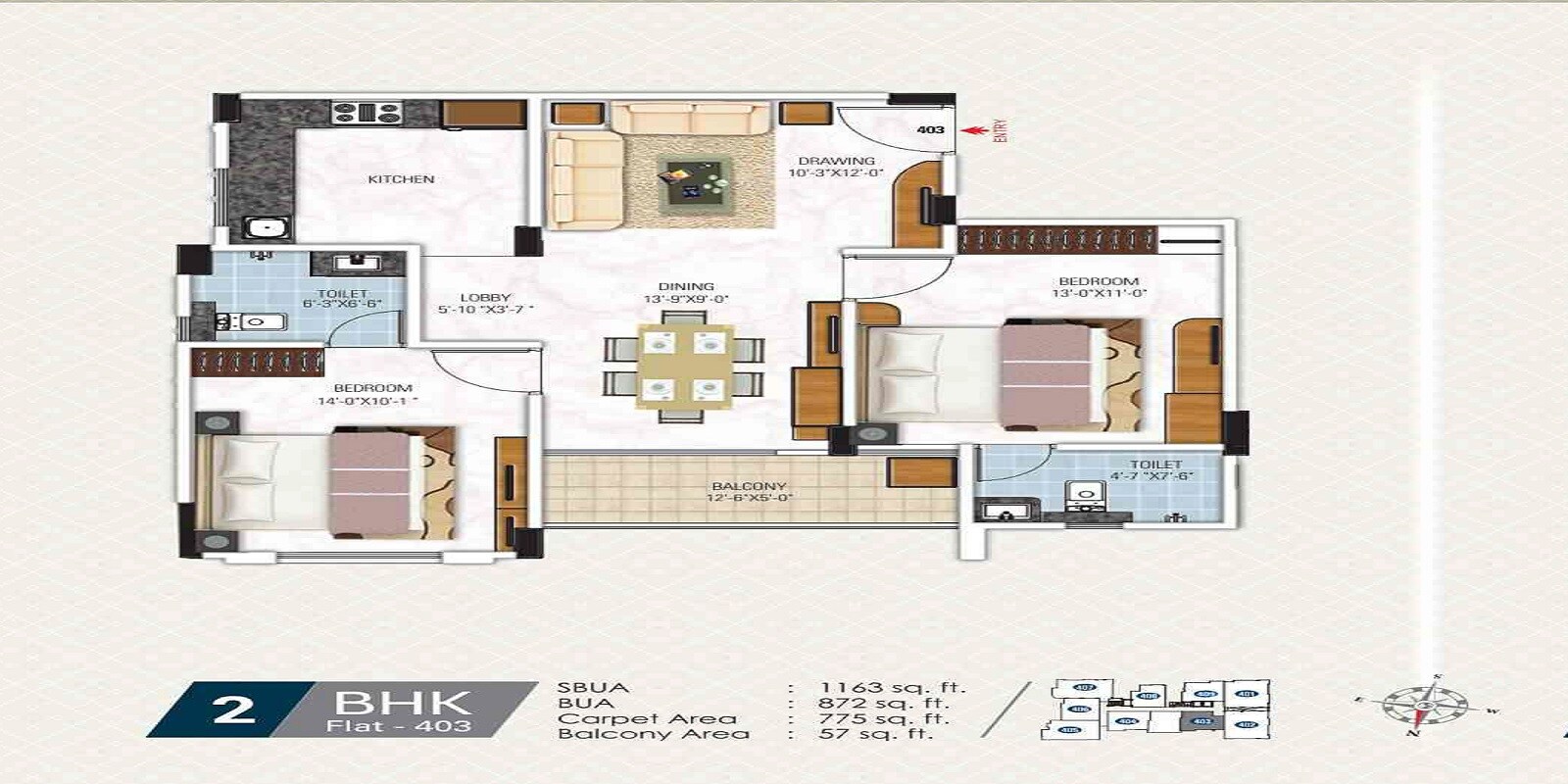 Floor plan of 2 BHK 1163 Sq. Ft. Apartment in Gangaa Kotecha Royal Regalia, Jaipur