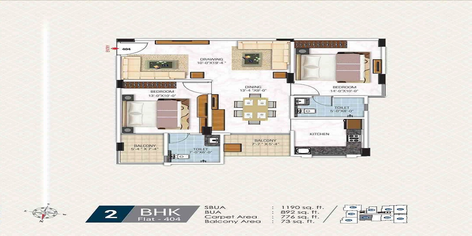Floor plan of 2 BHK 1190 Sq. Ft. Apartment in Gangaa Kotecha Royal Regalia, Jaipur