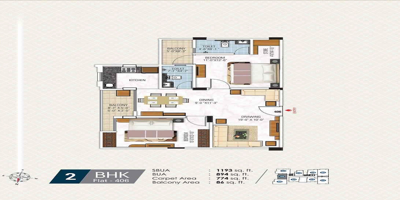 Floor plan of 2 BHK 1193 Sq. Ft. Apartment in Gangaa Kotecha Royal Regalia, Jaipur