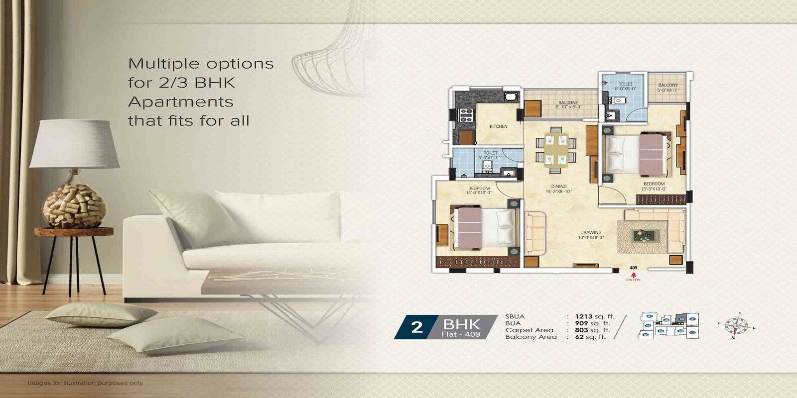 Floor plan of 2 BHK 1213 Sq. Ft. Apartment in Gangaa Kotecha Royal Regalia, Jaipur