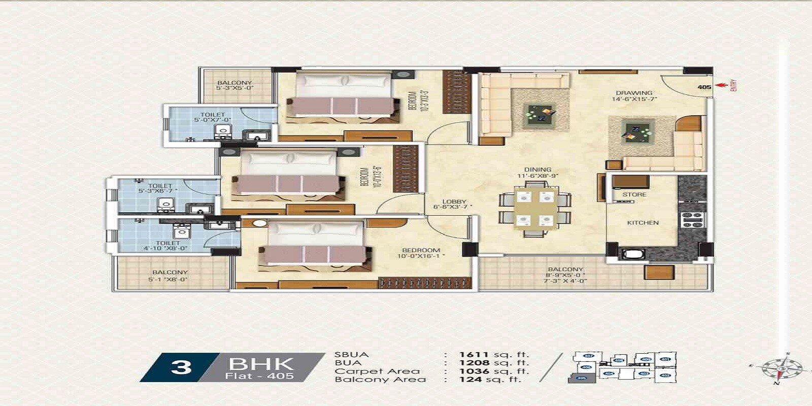 Floor plan of 3 BHK 1611 Sq. Ft. Apartment in Gangaa Kotecha Royal Regalia, Jaipur