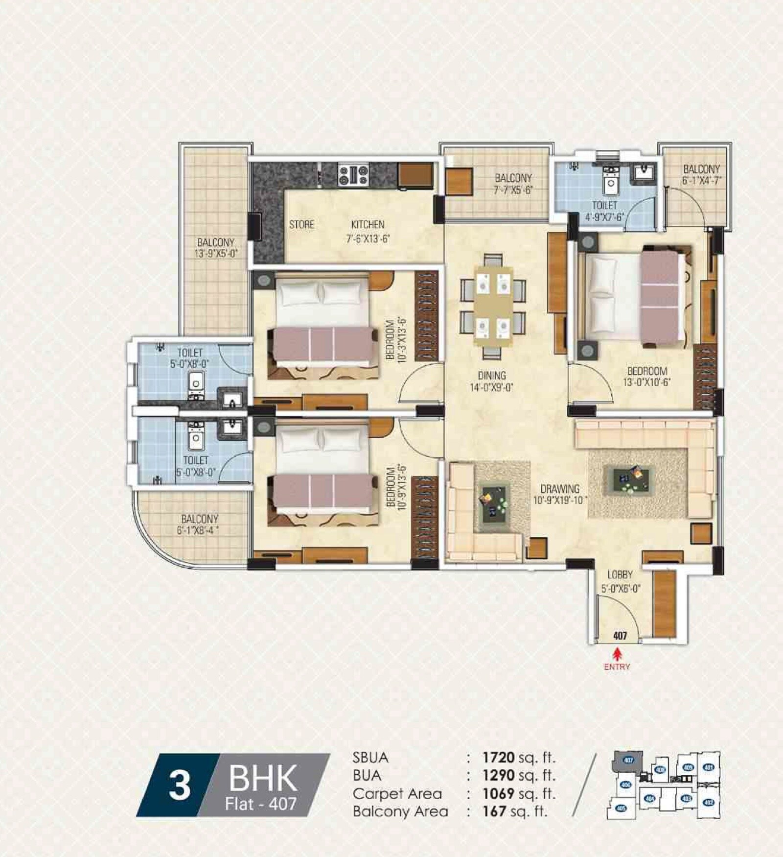 Floor plan of 3 BHK 1720 Sq. Ft. Apartment in Gangaa Kotecha Royal Regalia, Jaipur