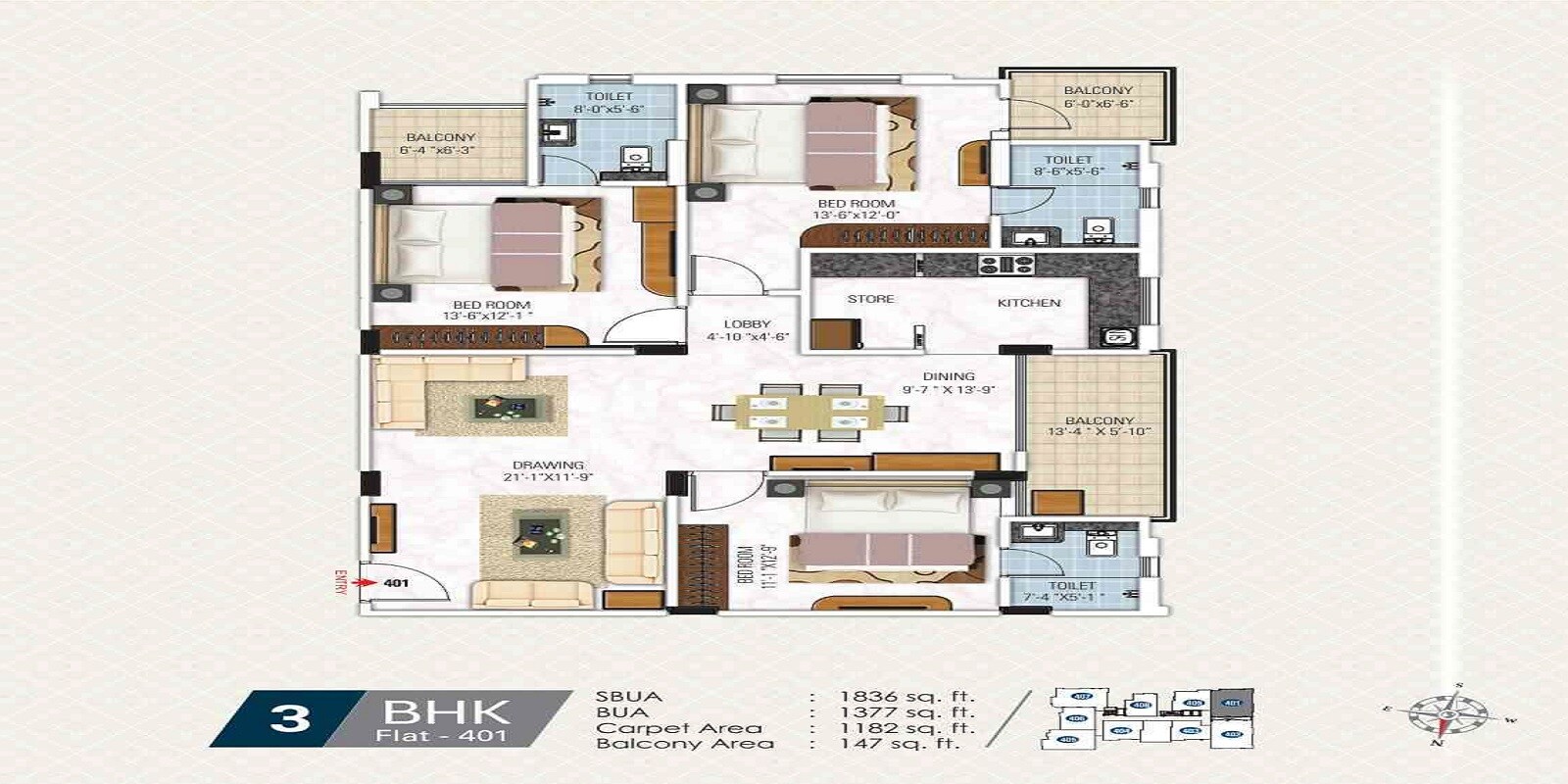 Floor plan of 3 BHK 1836 Sq. Ft. Apartment in Gangaa Kotecha Royal Regalia, Jaipur