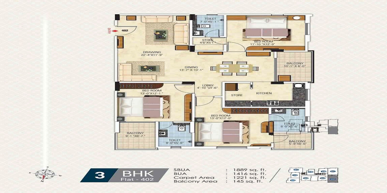 Floor plan of 3 BHK 1889 Sq. Ft. Apartment in Gangaa Kotecha Royal Regalia, Jaipur