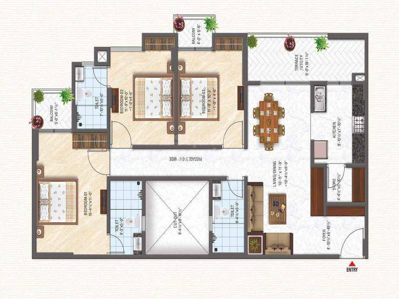 Floor plan of 3 BHK 1066 Sq. Ft. Apartment in GBD Alaya, Jaipur