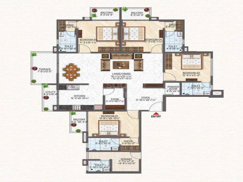 Floor plan of 4 BHK 1619 Sq. Ft. Apartment in GBD Alaya, Jaipur
